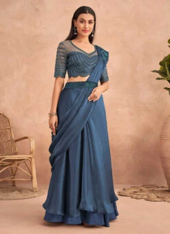 Dusty Blue Chinon Silk Ready Pleated Saree Party Wear -Deals Chic Lehenga Store Dusty Blue Chinon Silk Ready Pleated Saree SASKA36357301B u