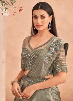 Dusty Green Chinon Silk Ready Pleated Saree Party Wear -Deals Chic Lehenga Store Dusty Green Chinon Silk Ready Pleated Saree SASKA36357301A b