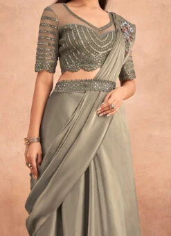 Dusty Green Chinon Silk Ready Pleated Saree Party Wear