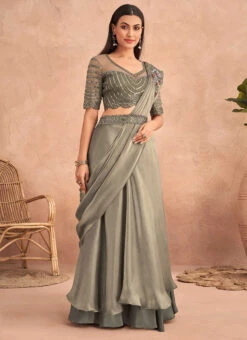 Dusty Green Chinon Silk Ready Pleated Saree Party Wear -Deals Chic Lehenga Store Dusty Green Chinon Silk Ready Pleated Saree SASKA36357301A u
