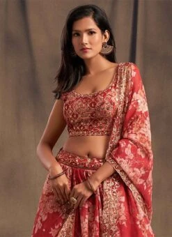 Dusty Red Organza Floral Digital Print Umbrella Lehenga Party Wear -Deals Chic Lehenga Store Dusty Red Organza Floral Digital Print Umbrella Lehenga GHSAK42157617 b