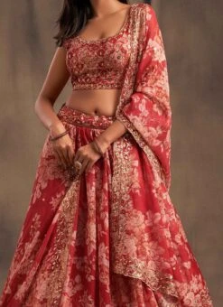 Dusty Red Organza Floral Digital Print Umbrella Lehenga Party Wear