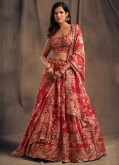 Dusty Red Organza Floral Digital Print Umbrella Lehenga Party Wear -Deals Chic Lehenga Store Dusty Red Organza Floral Digital Print Umbrella Lehenga GHSAK42157617 u