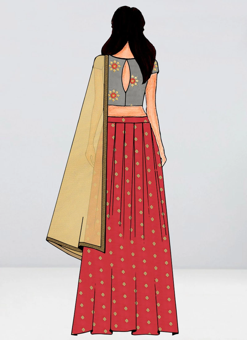 Embroidered Grey N Peach Box Pleat Lehenga Set Festive Wear 4 Embroidered Grey N Peach Box Pleat Lehenga Set Festive Wear - Image 4