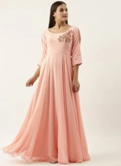 Embroidered Peach Georgette Gown Party Wear -Deals Chic Lehenga Store Embroidered Peach Georgette Gown IWBS02201275 u