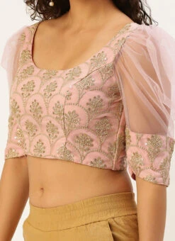 Embroidered Pink Organza Round Neck Style Blouse Party Wear
