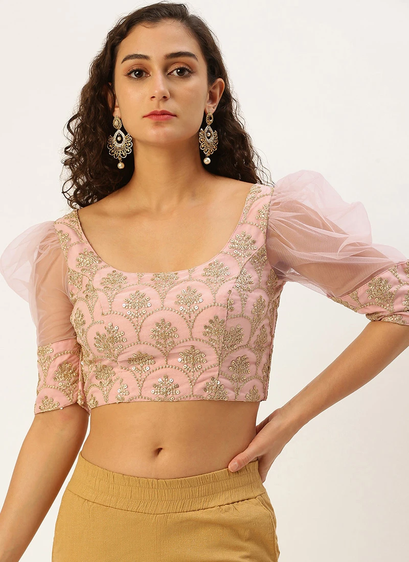 Embroidered Pink Organza Round Neck Style Blouse Party Wear 3 Embroidered Pink Organza Round Neck Style Blouse Party Wear - Image 3