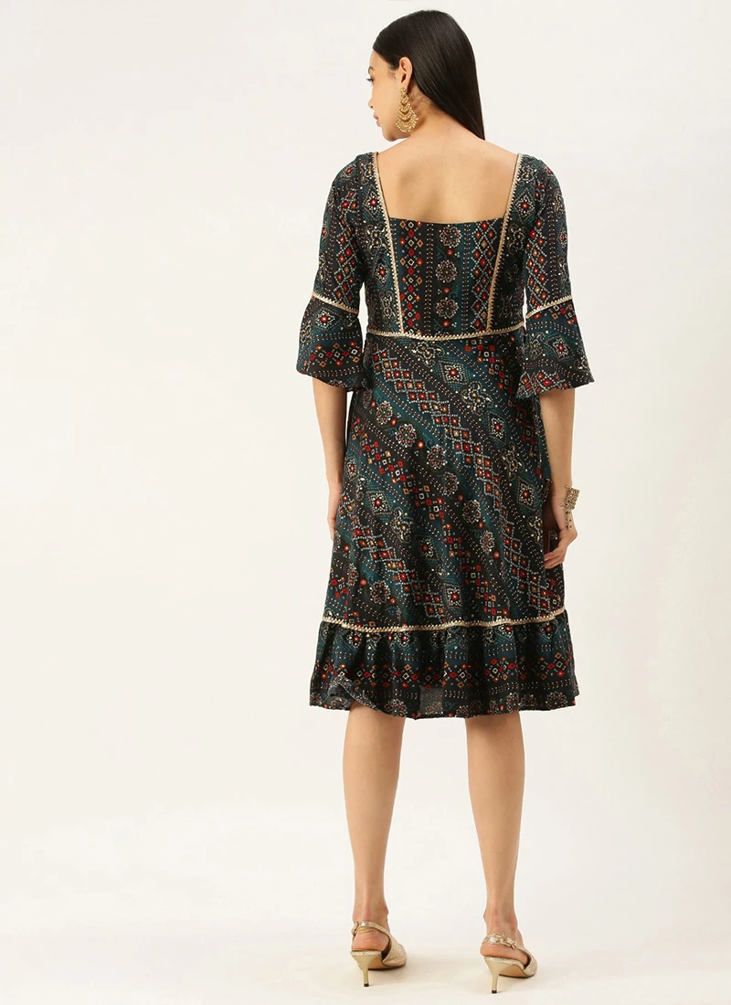 Fit N Flare Dark Blue Printed Dress Festive Wear After Six Wear 4 Fit N Flare Dark Blue Printed Dress Festive Wear After Six Wear - Image 4