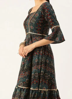 Fit N Flare Dark Blue Printed Dress Festive Wear After Six Wear