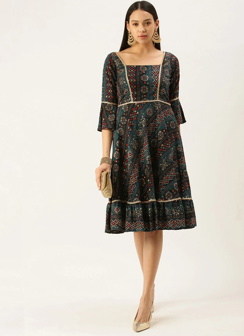 Fit N Flare Dark Blue Printed Dress Festive Wear After Six Wear 3 Fit N Flare Dark Blue Printed Dress Festive Wear After Six Wear - Image 3