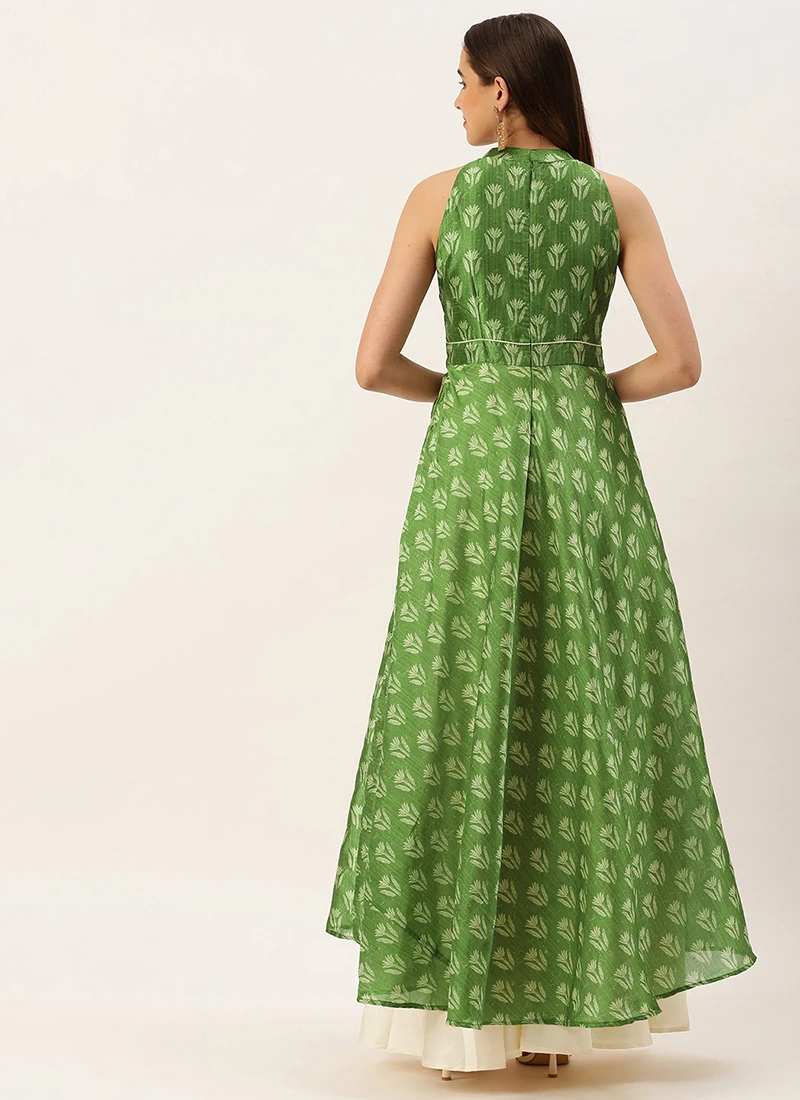 Green Art Silk Digital Printed Halter Neck Dress Festive Wear 4 Green Art Silk Digital Printed Halter Neck Dress Festive Wear - Image 4