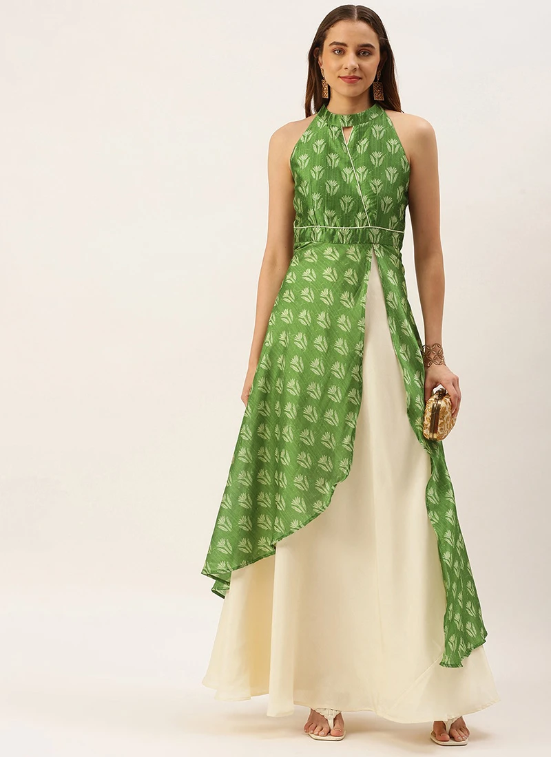 Green Art Silk Digital Printed Halter Neck Dress Festive Wear 3 Green Art Silk Digital Printed Halter Neck Dress Festive Wear - Image 3