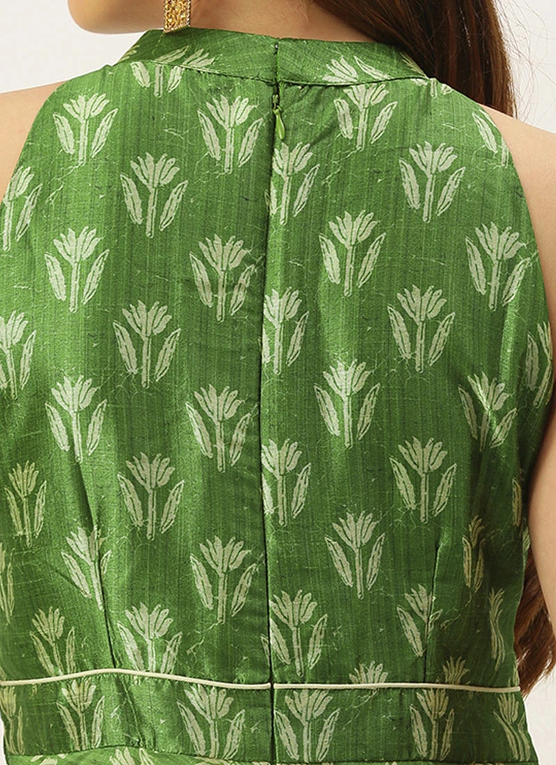 Green Art Silk Digital Printed Halter Neck Dress Festive Wear 6 Green Art Silk Digital Printed Halter Neck Dress Festive Wear - Image 6