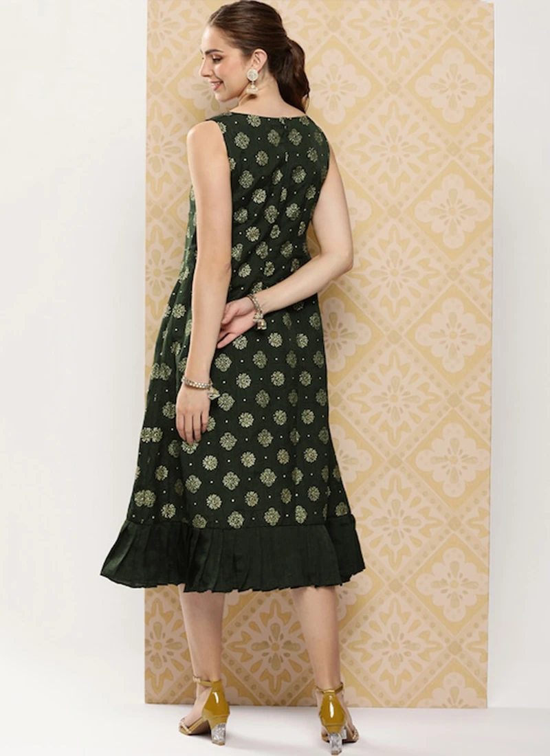 Green Art Silk Foil Print Dress After Six Wear 4 Green Art Silk Foil Print Dress After Six Wear - Image 4