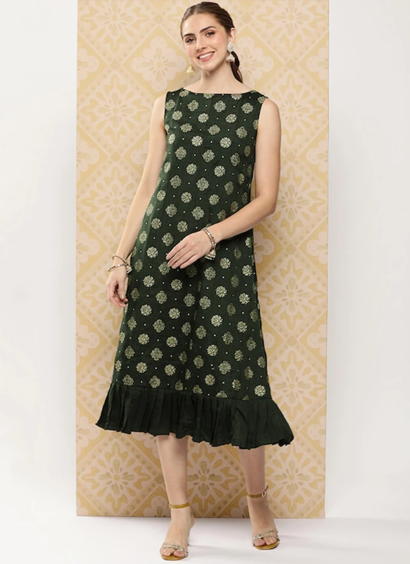 Green Art Silk Foil Print Dress After Six Wear 3 Green Art Silk Foil Print Dress After Six Wear - Image 3