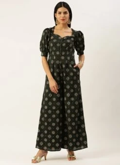 Green Art Silk Foil Print Jumpsuit Festive Wear -Deals Chic Lehenga Store Green Art Silk Foil Print Jumpsuit DRBS02302438 u