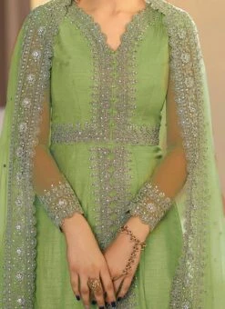 Green Banarasi Art Silk Embroidered N Stones Anarkali Suit Wedding Wear