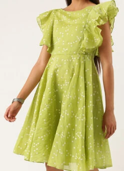 Green Blended Cotton Foil Printed Ruffled Dress After Six Wear