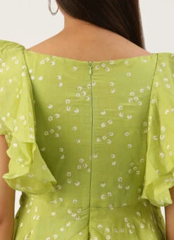 Green Blended Cotton Foil Printed Ruffled Dress After Six Wear -Deals Chic Lehenga Store Green Blended Cotton Foil Printed Ruffled Dress DRBS02205991 rrc2