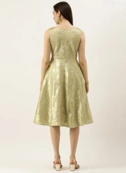 Green Brocade Boat Neck Flared Dress Wedding Wear -Deals Chic Lehenga Store Green Brocade Boat Neck Flared Dress DRBS02105388 b