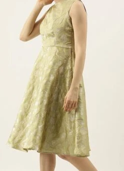 Green Brocade Boat Neck Flared Dress Wedding Wear