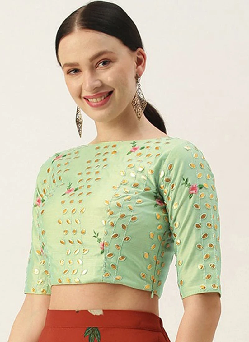 Green Chanderi Embroidered Blouse Festive Wear 3 Green Chanderi Embroidered Blouse Festive Wear - Image 3