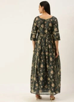 Green Chanderi Printed Floral Maxi Dress Festive Wear -Deals Chic Lehenga Store Green Chanderi Printed Floral Maxi Dress DRBS02111084 b