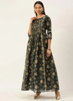 Green Chanderi Printed Floral Maxi Dress Festive Wear -Deals Chic Lehenga Store Green Chanderi Printed Floral Maxi Dress DRBS02111084 u