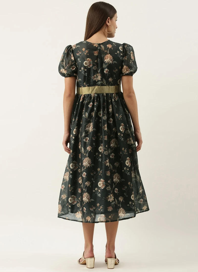 Green Chanderi Silk Puff Sleeve Dress After Six Wear 4 Green Chanderi Silk Puff Sleeve Dress After Six Wear - Image 4