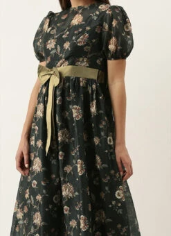 Green Chanderi Silk Puff Sleeve Dress After Six Wear