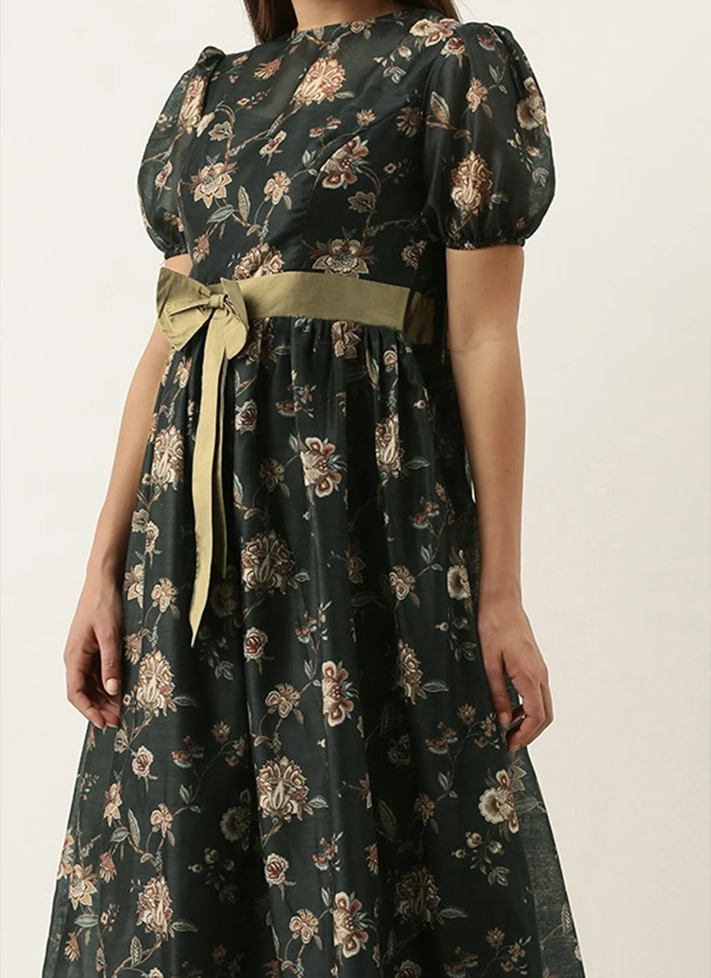 Green Chanderi Silk Puff Sleeve Dress After Six Wear 1 Green Chanderi Silk Puff Sleeve Dress After Six Wear