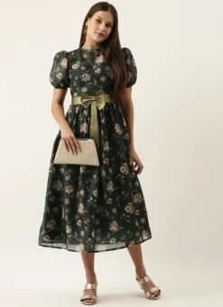 Green Chanderi Silk Puff Sleeve Dress After Six Wear 10 Green Chanderi Silk Puff Sleeve Dress After Six Wear -Deals Chic Lehenga Store Green Chanderi Silk Puff Sleeve Dress DRBS02201263 u