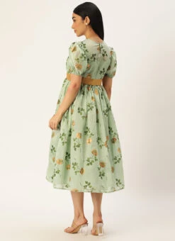 Green Chanderi Silk Puff Sleeve Dress Festive Wear 11 Green Chanderi Silk Puff Sleeve Dress Festive Wear -Deals Chic Lehenga Store Green Chanderi Silk Puff Sleeve Dress DRBS02303880 b