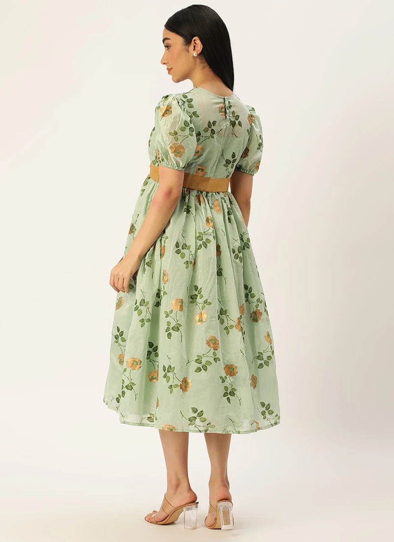 Green Chanderi Silk Puff Sleeve Dress Festive Wear 4 Green Chanderi Silk Puff Sleeve Dress Festive Wear - Image 4