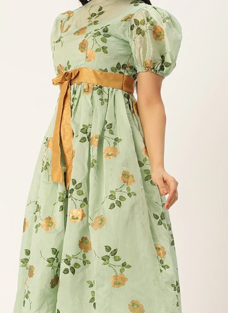 Green Chanderi Silk Puff Sleeve Dress Festive Wear 1 Green Chanderi Silk Puff Sleeve Dress Festive Wear