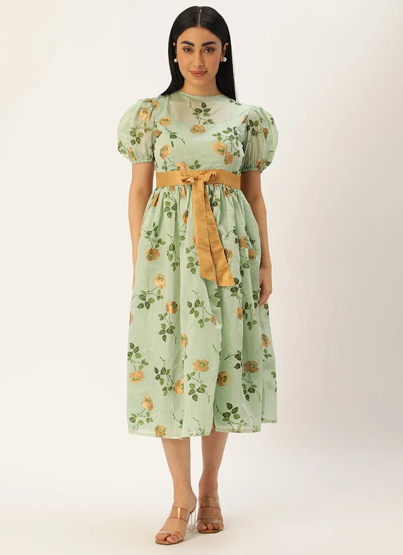 Green Chanderi Silk Puff Sleeve Dress Festive Wear 3 Green Chanderi Silk Puff Sleeve Dress Festive Wear - Image 3