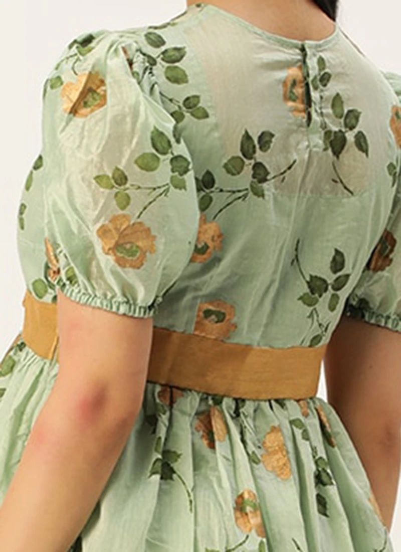 Green Chanderi Silk Puff Sleeve Dress Festive Wear 6 Green Chanderi Silk Puff Sleeve Dress Festive Wear - Image 6