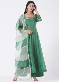 Green Chinon Silk Mirror Work Anarkali Suit Wedding Wear -Deals Chic Lehenga Store Green Chinon Silk Mirror Work Anarkali Suit SLDVC165 u