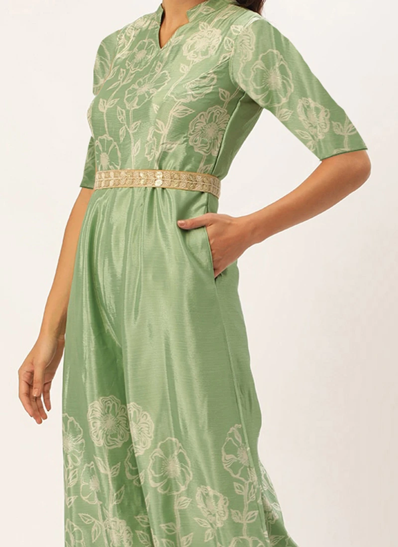 Green Digital Print Chinon Jumpsuit Festive Wear 1 Green Digital Print Chinon Jumpsuit Festive Wear