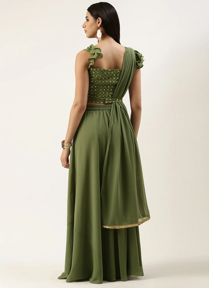 Green Embroidered Georgette Lehenga Set Wedding Wear Festive Wear 4 Green Embroidered Georgette Lehenga Set Wedding Wear Festive Wear - Image 4