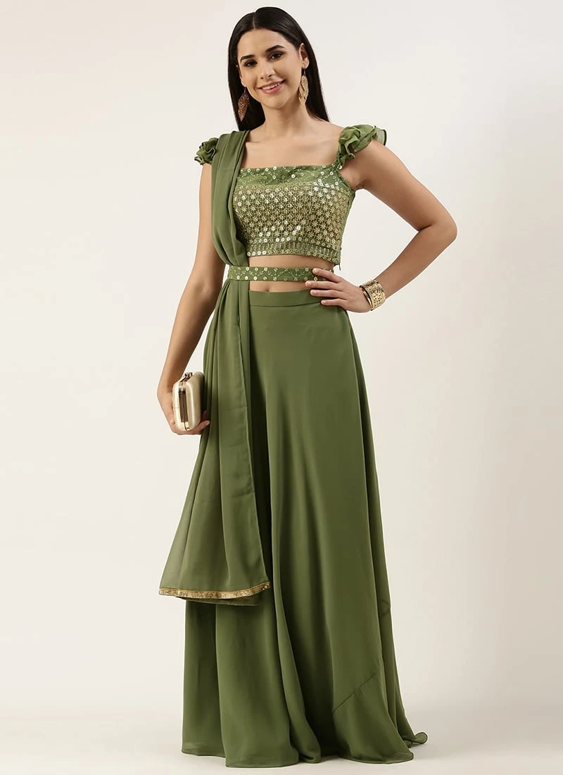 Green Embroidered Georgette Lehenga Set Wedding Wear Festive Wear 3 Green Embroidered Georgette Lehenga Set Wedding Wear Festive Wear - Image 3