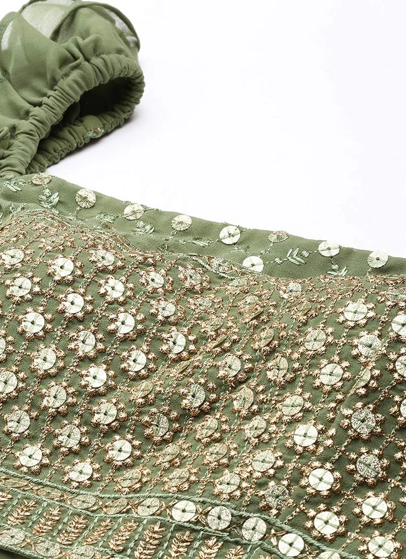 Green Embroidered Georgette Lehenga Set Wedding Wear Festive Wear 5 Green Embroidered Georgette Lehenga Set Wedding Wear Festive Wear - Image 5