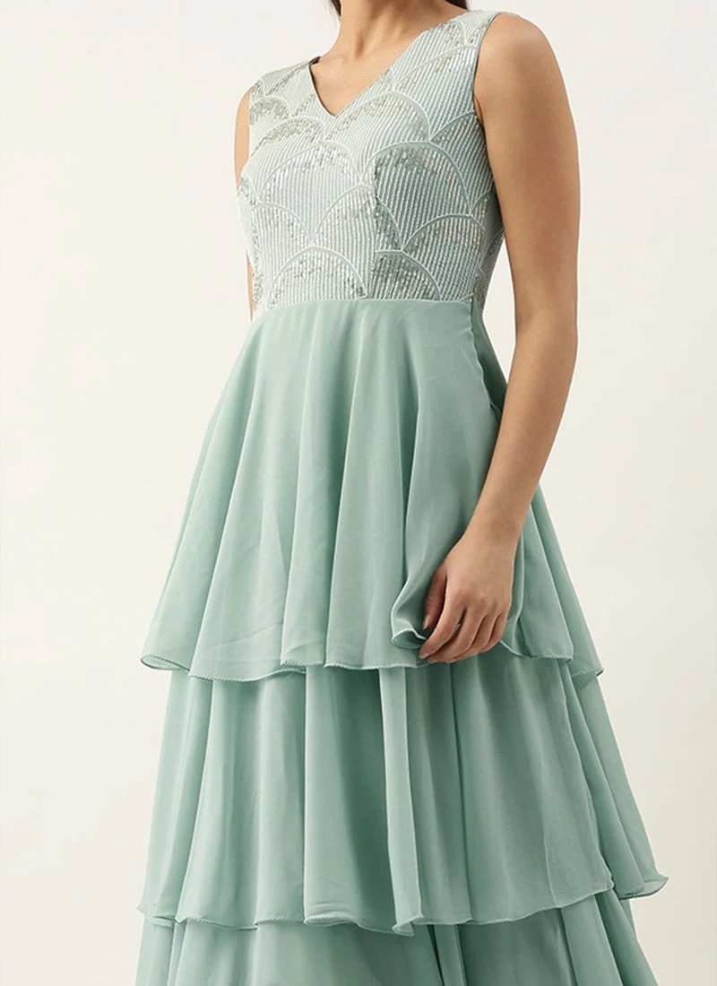 Green Embroidered Layered Gown Party Wear 1 Green Embroidered Layered Gown Party Wear