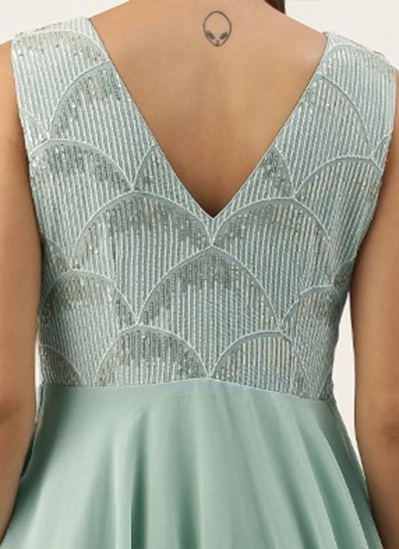 Green Embroidered Layered Gown Party Wear 6 Green Embroidered Layered Gown Party Wear - Image 6