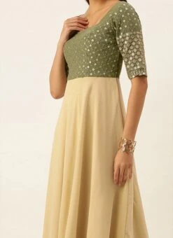 Green Embroidered N Beige Floor Length Gown Festive Wear