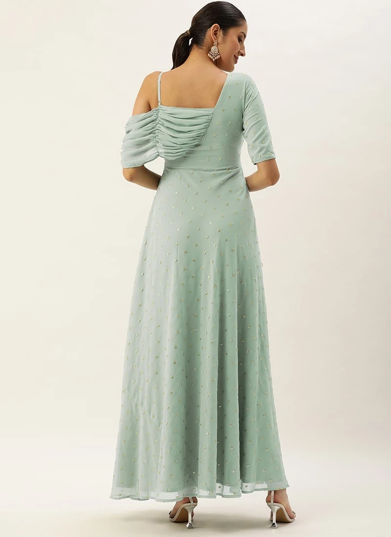 Green Embroidered One Shoulder Style Gown Party Wear 4 Green Embroidered One Shoulder Style Gown Party Wear - Image 4