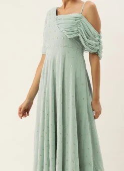 Green Embroidered One Shoulder Style Gown Party Wear