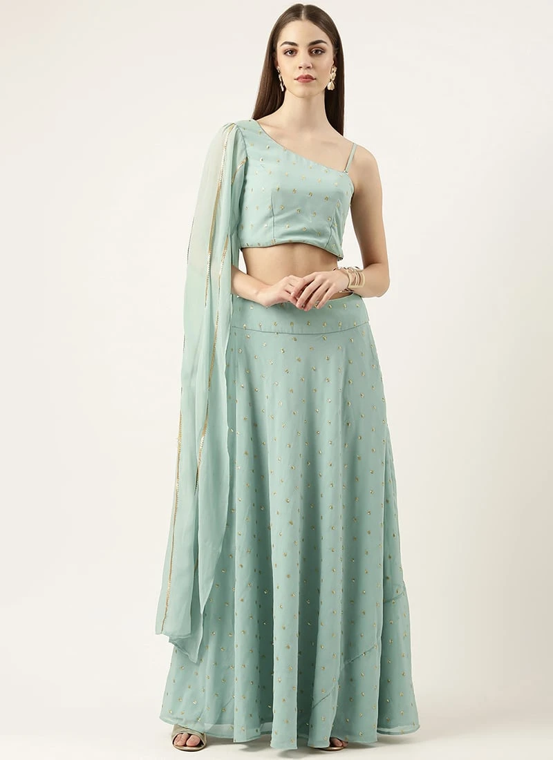 Skirt From Green Georgette Embroidered Crop Top N Skirt Set After Six Wear 3 Skirt From Green Georgette Embroidered Crop Top N Skirt Set After Six Wear - Image 3