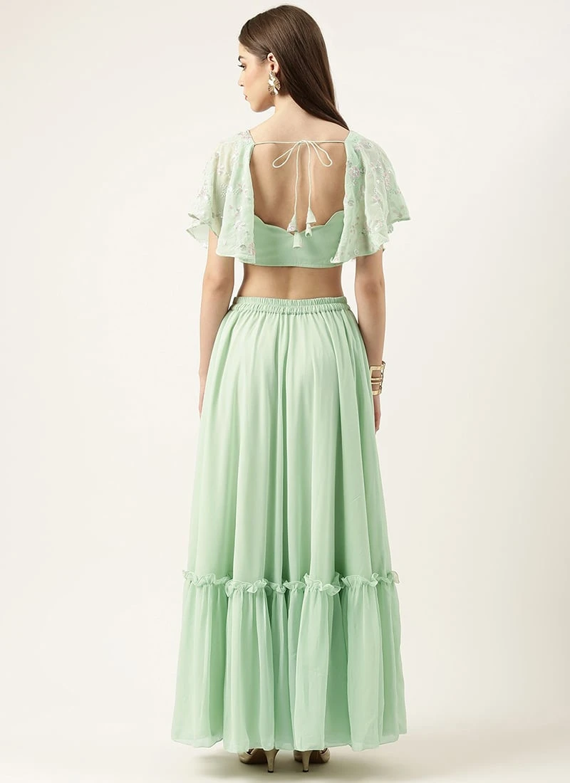Skirt From Green Georgette Embroidered Crop Top Skirt Set After Six Wear 4 Skirt From Green Georgette Embroidered Crop Top Skirt Set After Six Wear - Image 4