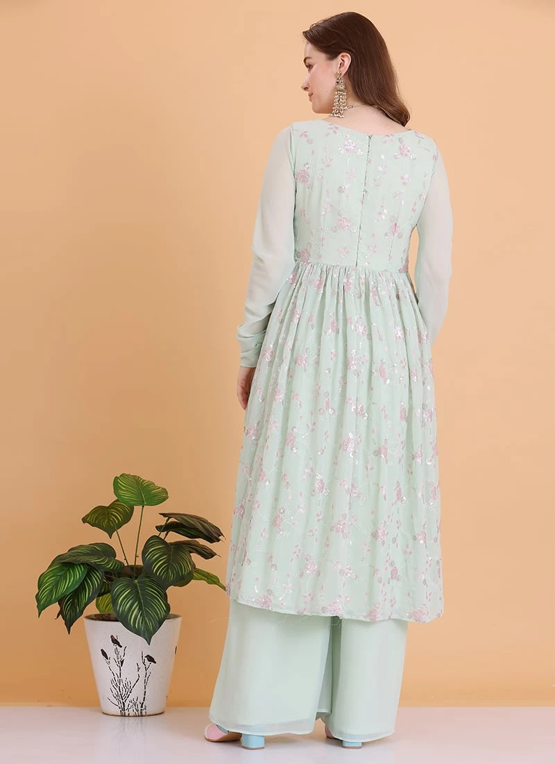 Top From Green Georgette Embroidered Palazzo Suit After Six Wear 4 Top From Green Georgette Embroidered Palazzo Suit After Six Wear - Image 4